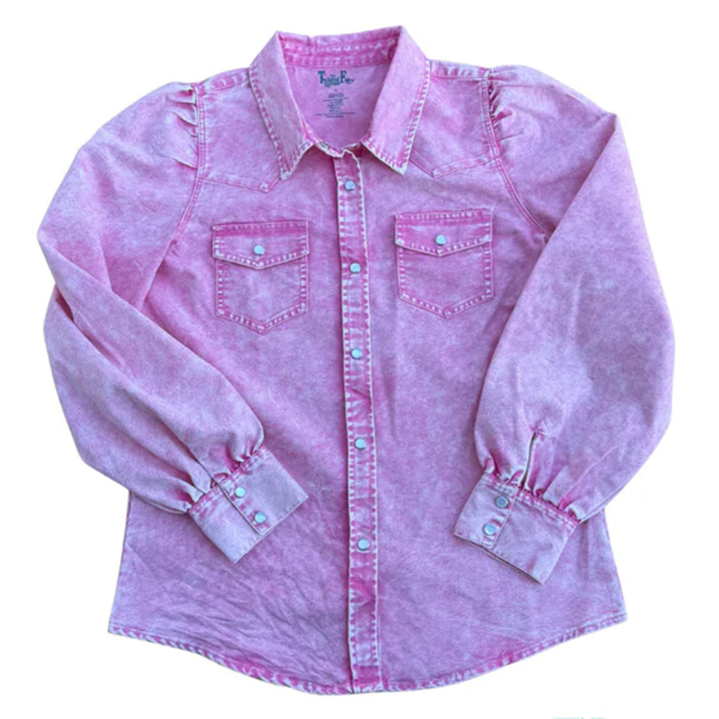 Girl's Pink Denim Puff Sleeve Pearl Snap Shirt