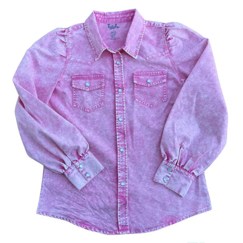 Girl's Pink Denim Puff Sleeve Pearl Snap Shirt