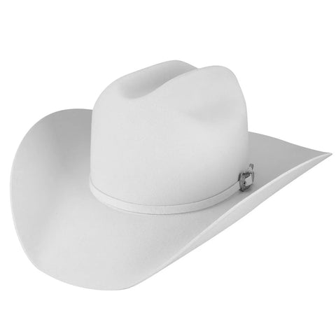 White felt cowboy hat with matching hat band and silver buckle on the side.