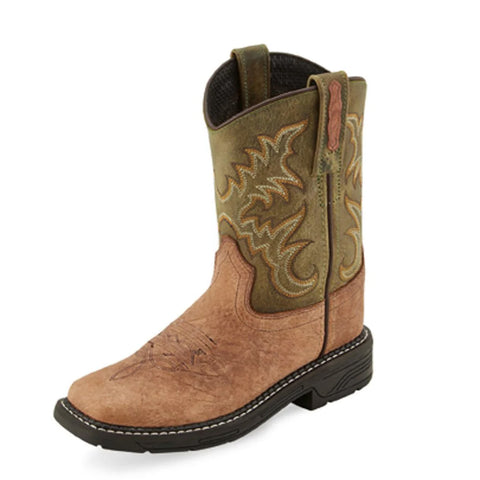 Kid's Olive top and Tan vamp square toe cowboy boots 