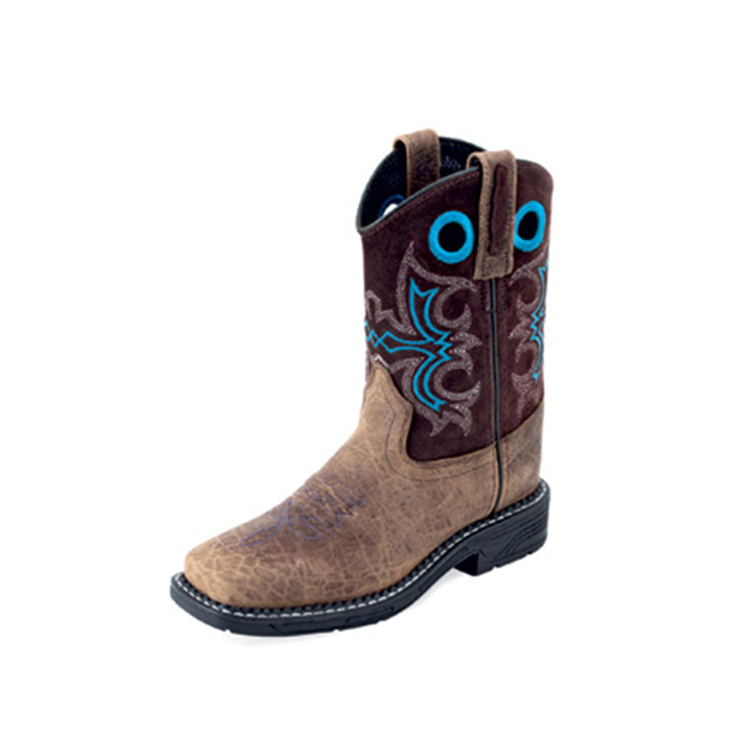 Youth brown leather square toe boots with turquoise stitching