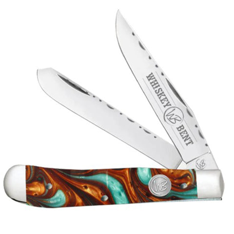 Trapper knife with copper and turquoise handle and 'Whiskey Bent' branding on a white background