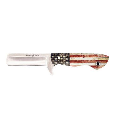 Bull cutter knife with american flag design handle with whiskey ranch logo on blade.
