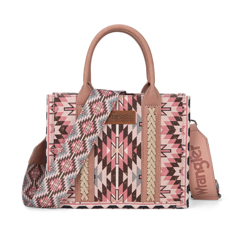 Front side view of Wrangler Dark Pink Aztec Crossbody Tote Bag 
