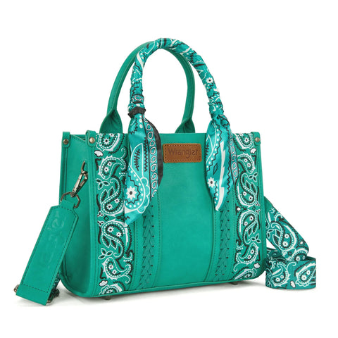 Front view of Wrangler Turquoise Paisley Bandana Crossbody Tote Bag 