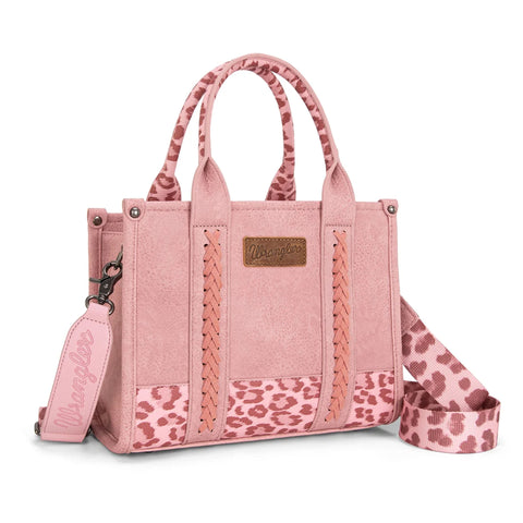 Front side view of Wrangler Pink Leopard Print Crossbody Tote Bag 