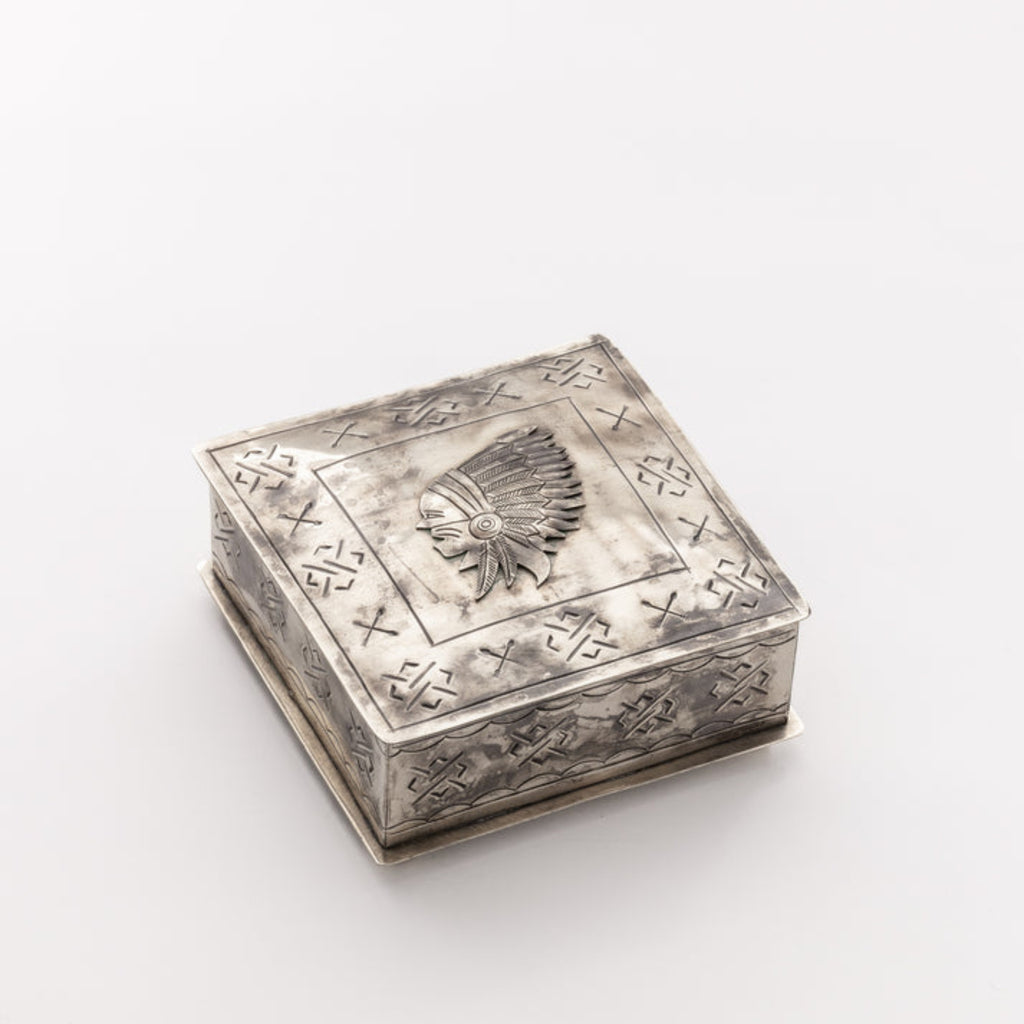 Stamped Chief Icon Box featuring detailed Southwestern-inspired silver stamping and a vintage finish.