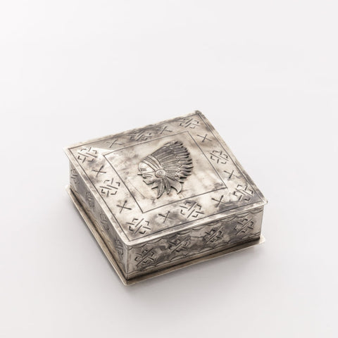 Stamped Chief Icon Box featuring detailed Southwestern-inspired silver stamping and a vintage finish.