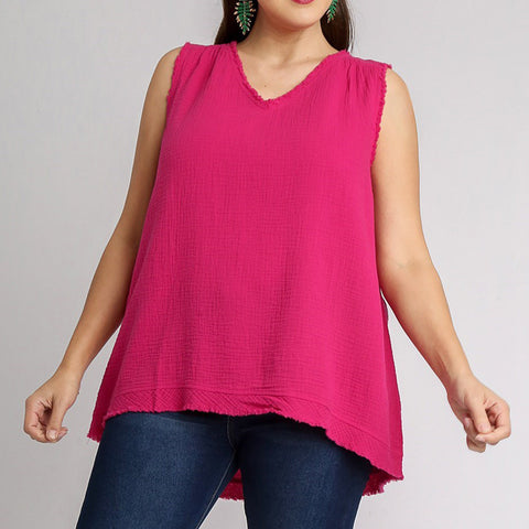 Magenta Sleeveless Frayed V-Neck