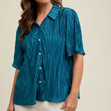 Women's Teal Pleated Satin Short Sleeve Top