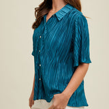 Women's Teal Pleated Satin Short Sleeve Top