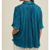 Women's Teal Pleated Satin Short Sleeve Top