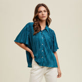 Teal Pleated Satin Short Sleeve Button Down Top