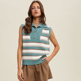 TEAL/OFF WHITE MULTI-COLOR STRIPED SWEATER VEST WITH COLLAR and FUNCTIONAL BUTTONS