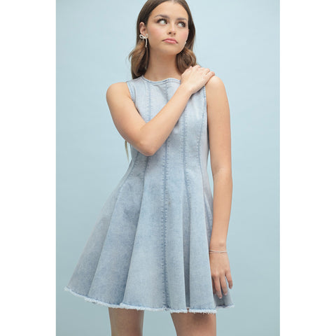 STRETCH DENIM FLARED MINI DRESS
BACK ZIP CLOSURE
