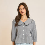 Women's Black & White Checked Peter Pan Collar Babydoll Shirt