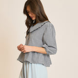 Women's Black & White Checked Peter Pan Collar Babydoll Shirt