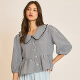 Black and White Plaid Babydoll Button Down with Collar and 3/4 Sleeves