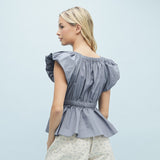 Blue/White Bow V-Neck Ruffle Sleeve