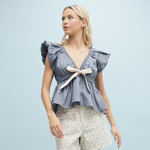Blue Babydoll Ruffle Sleeve N-Neck with White Bow