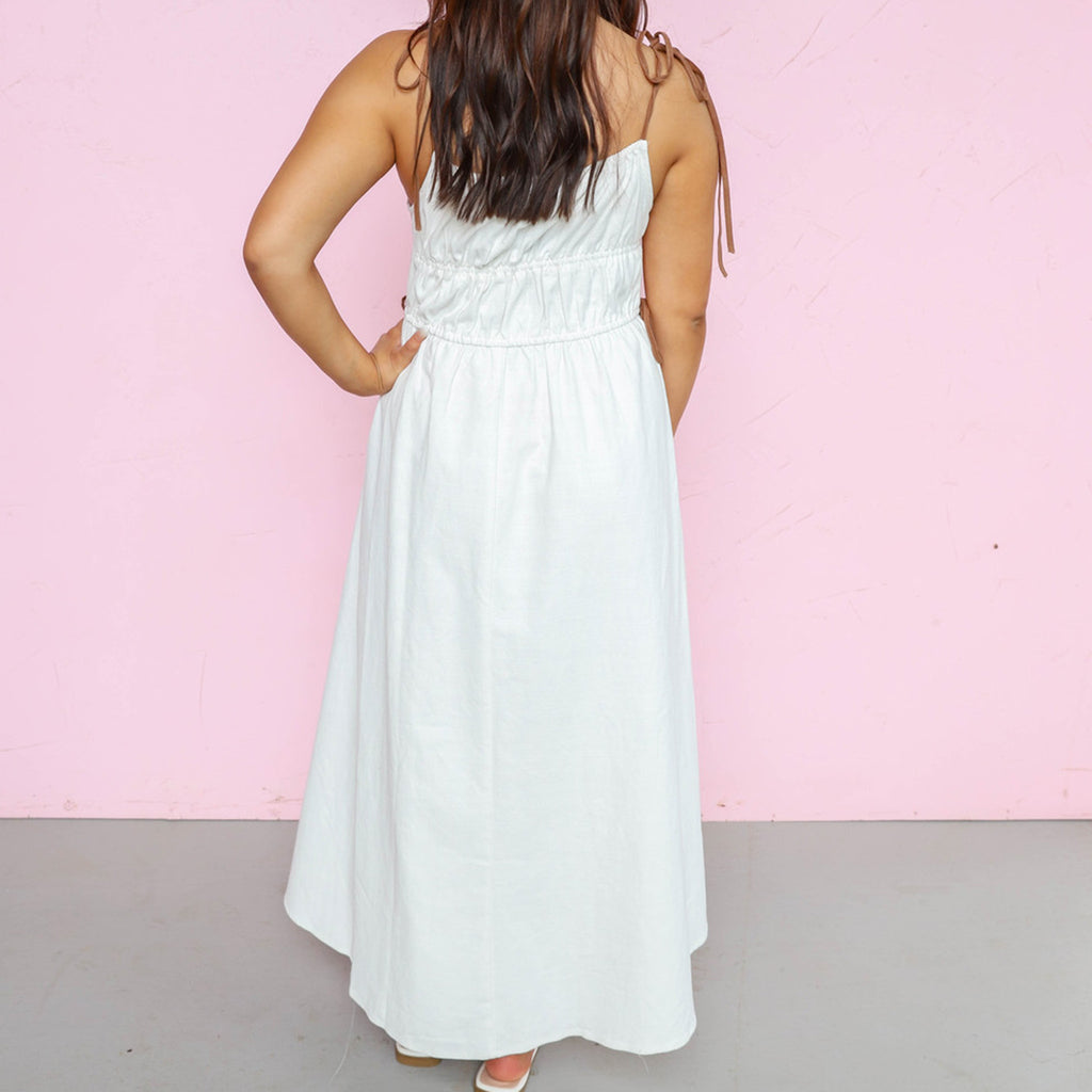 tie strap white midi dress Rose Garden Tied Shoulder Maxi Dress White