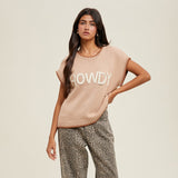 Tan Contrast Howdy Stitch Short Sleeve Sweater