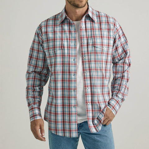 Wrangler Men's Navy/Red Plaid Snap Long Sleeve