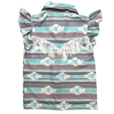 Girl's Teal Aztec Ruffled Short Sleeve Pearl Snap Shirt 