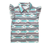 Girl's Teal Aztec Ruffled Short Sleeve Pearl Snap Shirt 