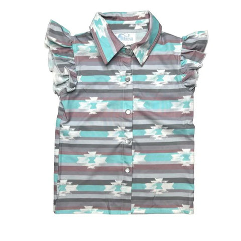 Girl's Teal Aztec Ruffled Short Sleeve Pearl Snap Shirt 