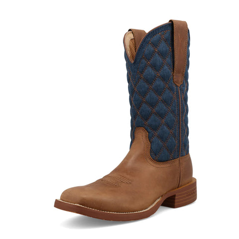 women's brown & navy boots with quilted look shaft
