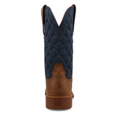 women's brown & navy boots with quilted look shaft back heel view with logo