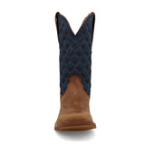 women's brown & navy boots with quilted look shaft front view