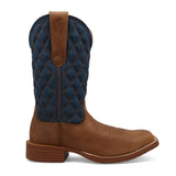 women's brown & navy boots with quilted look shaft right side view