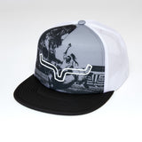 Side view of the Kimes Ranch Whalen Graphic Cap showing the graphic front panel, mesh back, and classic Western trucker profile.