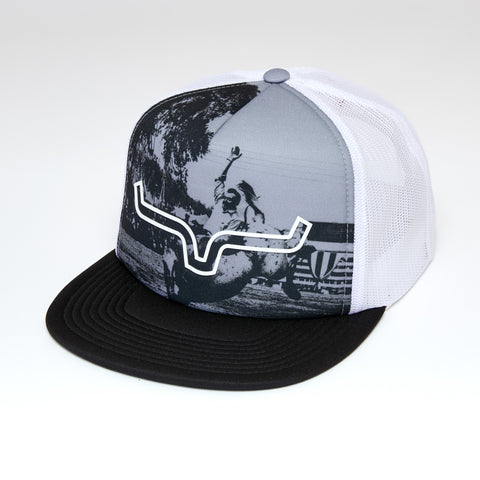 Side view of the Kimes Ranch Whalen Graphic Cap showing the graphic front panel, mesh back, and classic Western trucker profile.