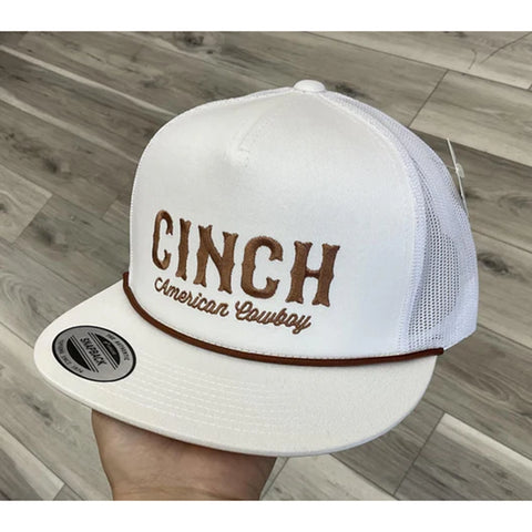 adjustable backing white, white meshing, Cinch, brown rope 