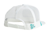 white meshing, snapback, red dirt logo turquoise 