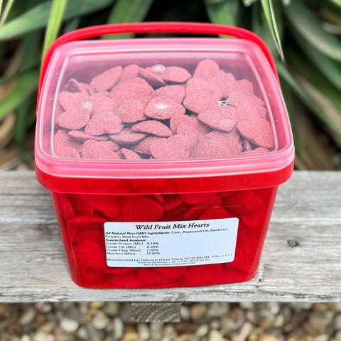 Red container with pink heart-shaped  Horse treats