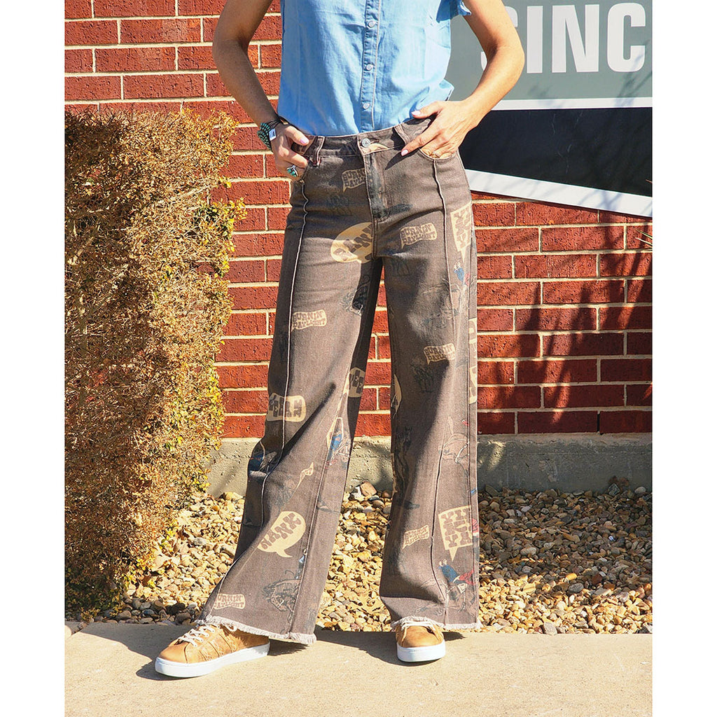 Cowboy graphic jeans, brown raw hem
