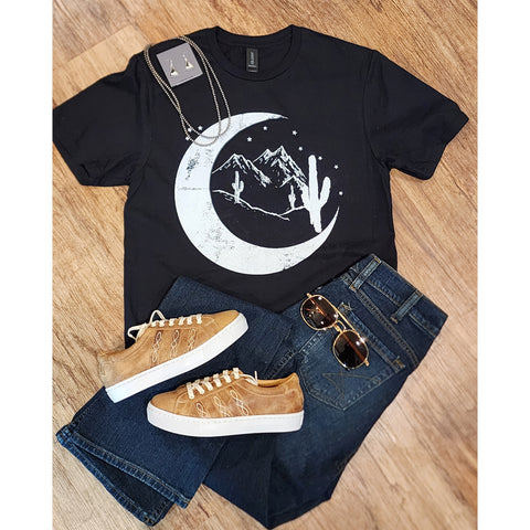 Black Tee with Marfa Moon, cactus and stars 