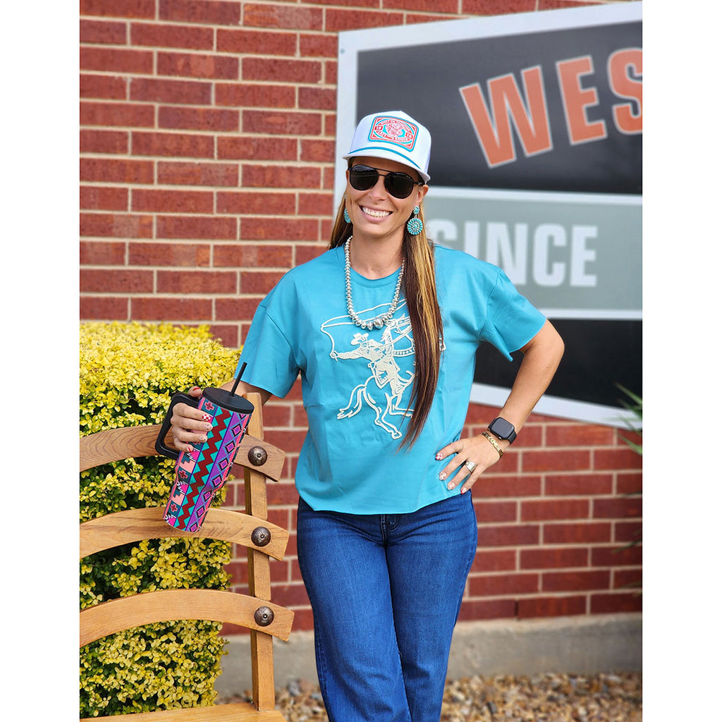 Long Crop Tee, Blue, Roping Cowboy on front