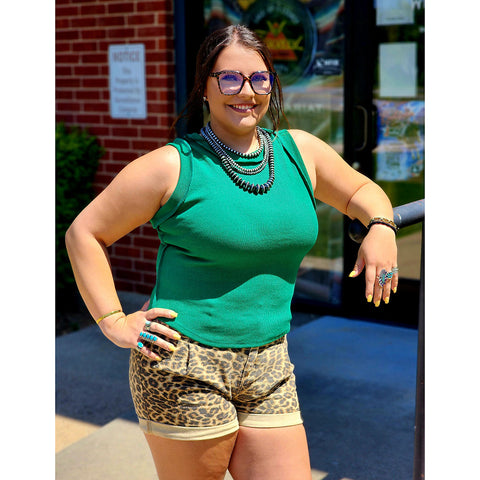 Green Ribbed Style Tank Top, women crew neck 