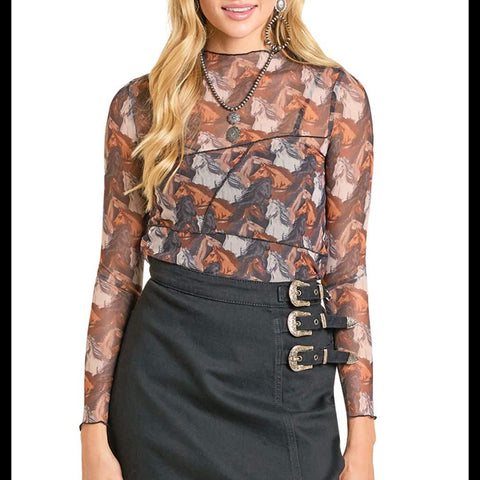 Horse print on mesh material long sleeve 