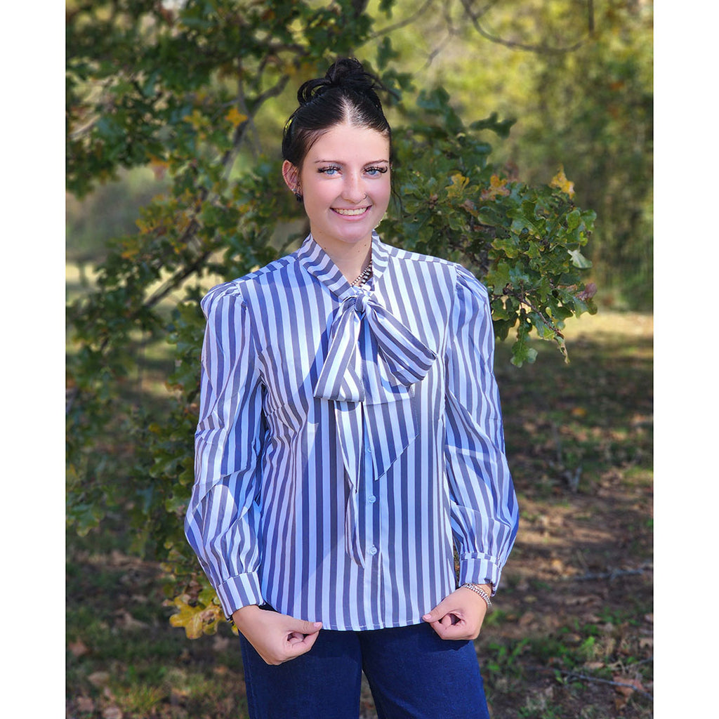 Striped Bow Button Down, Long Sleeve