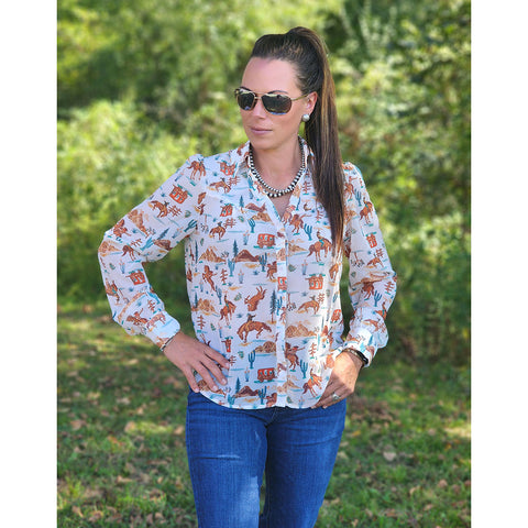Sheer material long sleeve, button down, western print 