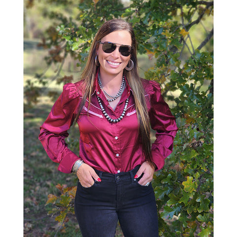 Wine Color, satin material, yokes, pearl snaps 