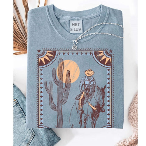 Blue Vintage Women tee, Cowboy on horse, Cactus and Moon in background 