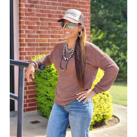 Long Sleeve, Brown Waffle Knit Women Shirt