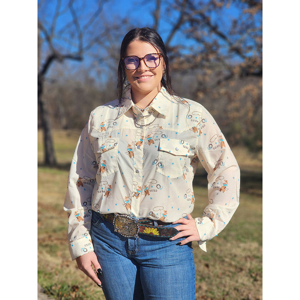 cowboy and star design, long sleeve, pearl snaps 